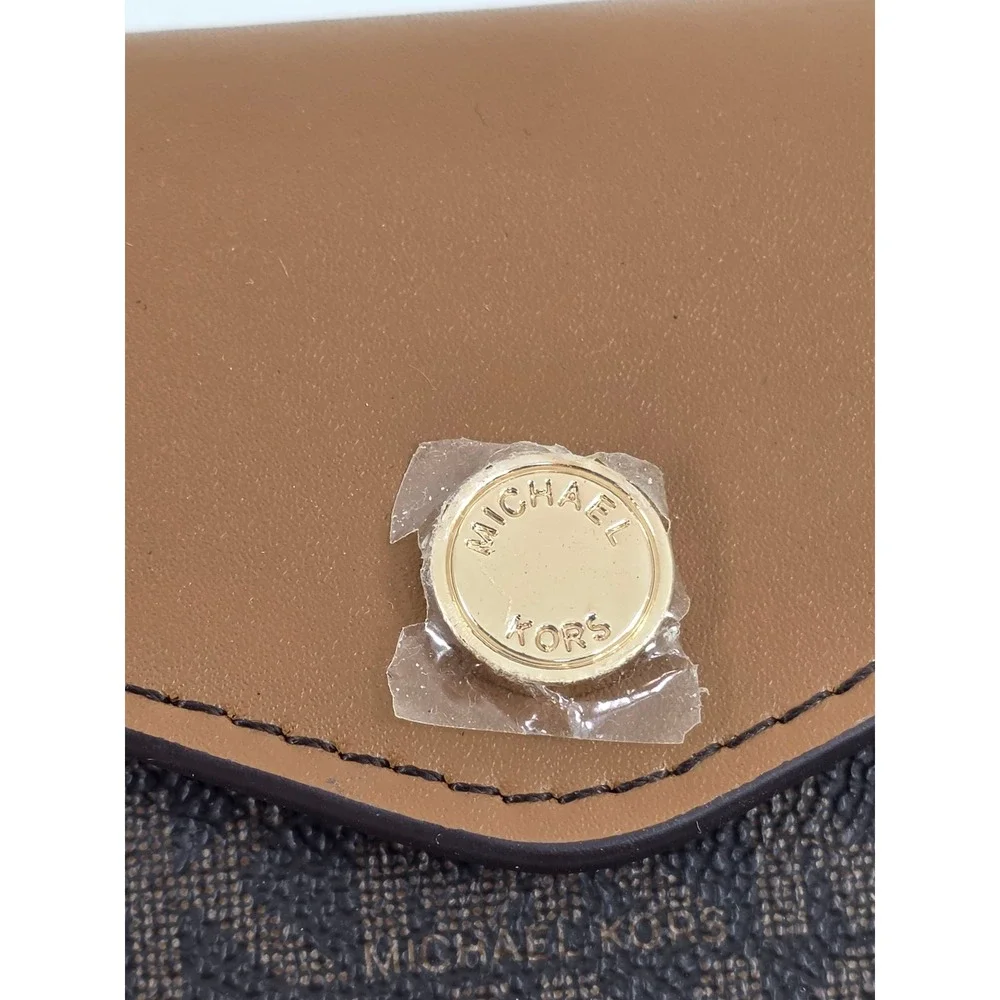Michael Kors Signature Logo Card Holder Wallet Key Ring Brown Acorn Gold